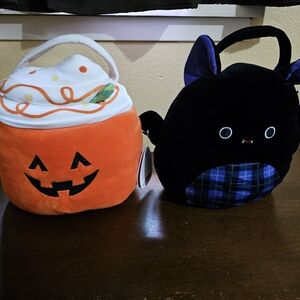Squishmallows Halloween Treat Bucket Pail Plush Pumpkin Bat New Lot Of 2